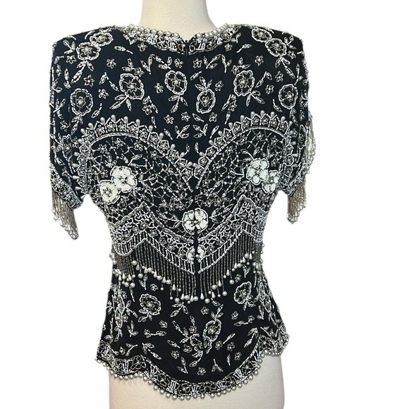 VTG Black Tie By He Ro Industries Sequin Beaded Floral 100% Silk Blouse Sz Small - Picture 15 of 16